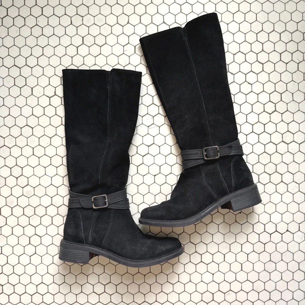 Clarks Knee High Boots Black Size 8 Suede Buckle Riding Moto Academia Campus